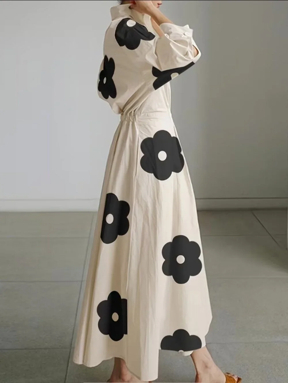 Long Sleeves Loose Contrast Color Floral Printed Pleated Tie Waist Lapel Midi